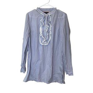 Tommy Hilfiger Womens Long Sleeve Blue Striped Button-Up Tunic With Ruffle Detai